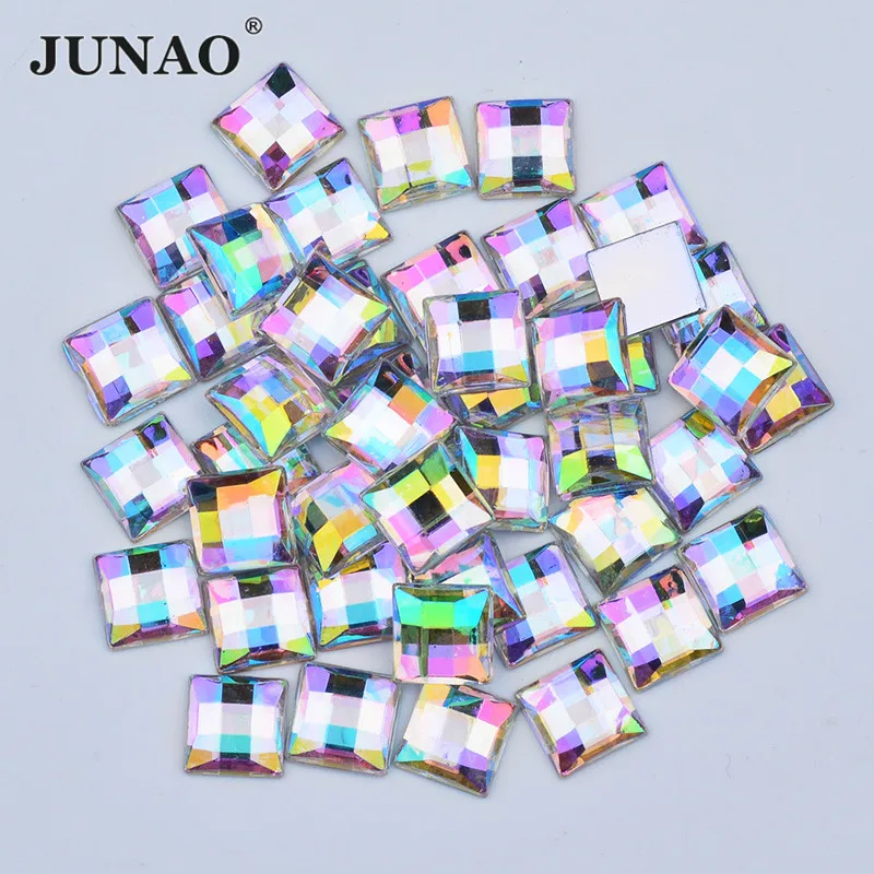 JUNAO 8 10 12 14 16 mm Square Crystal AB Rhinestones Acrylic Applique Flatback Non Hot Fix Crystals Stones for Needlework Crafts