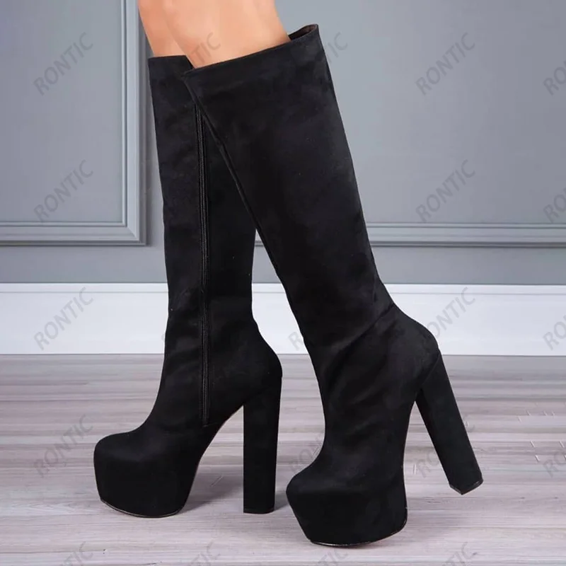 Rontic Brand New Women Winter Knee High Boots Unisex Comfort Chunky Heels Round Toe Elegant Black Casual Shoes US Size 5-20