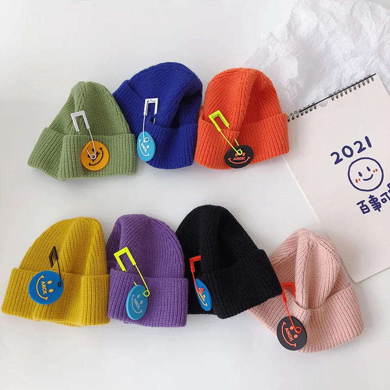 Trendy children's personality hip hop style children's Knitted Hat Pin smiling face autumn and winter Trendy Baby wool hat melon