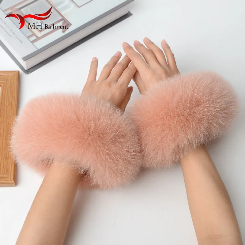 Women 100% Real Fox Fur Wrist Cuffs Winter Warmer White Arm Warmers Covers Luxury Natural Fashion Lady Detachable Sleeves