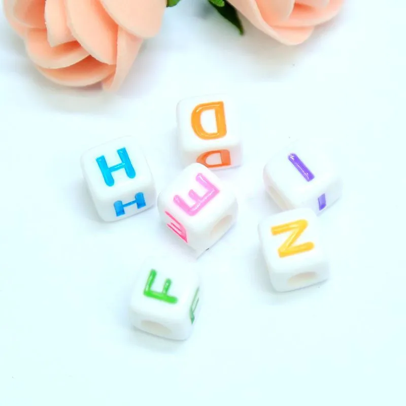 Cube Acrylic Letter Beads 8*8mm 1100pcs Big Hole Square White with Colorful Initial Englisch Character Loose Alphabet Beads