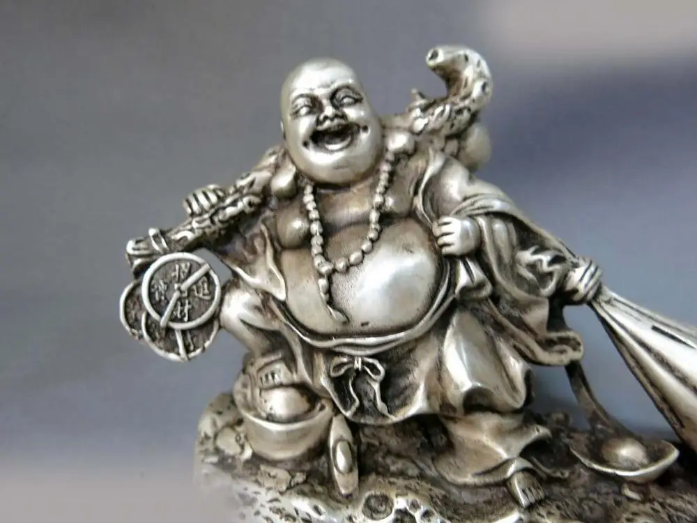 Free Shipping China silver Feng Shui buddhism lucky gold bag Yuan bao happy buddha Statue 23CM