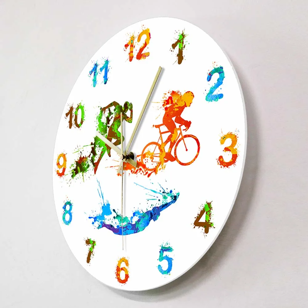 Triathlon Splash Paint Art Printed Wall Clock For Living Room Swimming Cycling Running Triathlete Home Décor Clock Wall Watch