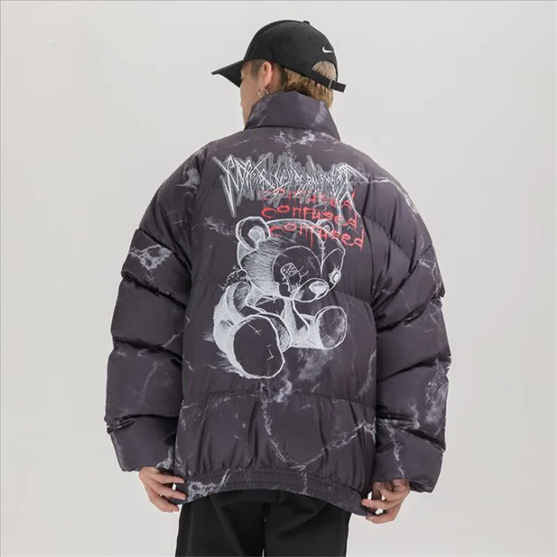 Men Bear Print Down Jacket Couple Winter Oversized Windbreaker Streetwear Black White Thicken Warm Hipster Puffer Jackets Parkas