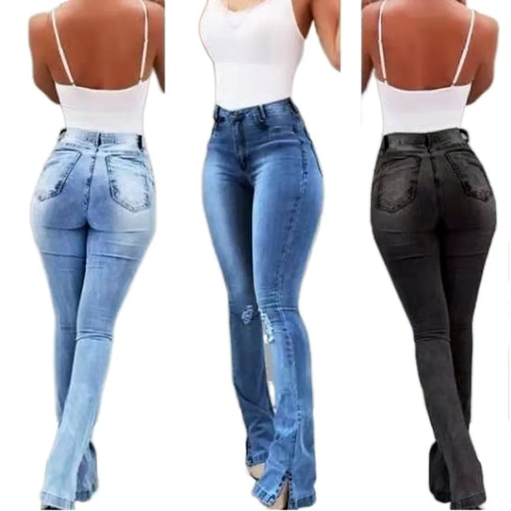 

High Waist Skinny Boyfriend Style Black Ripped Jeans Women Hole Vintage Bell Bottom Pants Ladies Flare Distressed Jeans