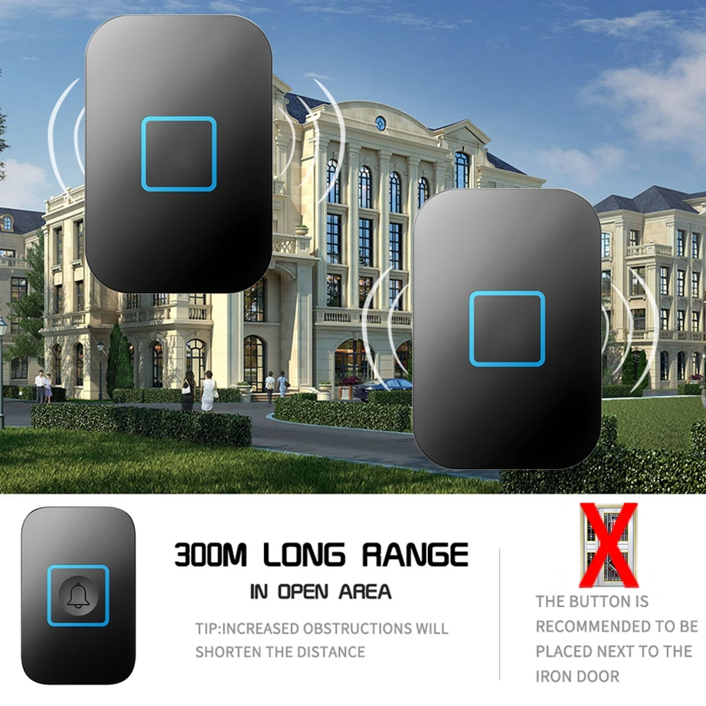 Intelligent Wireless Waterproof Doorbell 2 Button 1 2 3 Receiver US EUK UK AU Plug Home LED Light Calling Bell 300M Remote