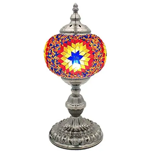 

LaModaHome Mosaic Turkish Lamp Moroccan Glass for Table Desk Bedside Bronze Base Bundle with E12 Light Bulb-2 Sizes (Purple Star