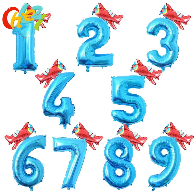 32inch Blue Red Number foil Balloons airplane balloon figure 1 2 3 year boy girl Birthday Party decorations Kid baby shower Gift