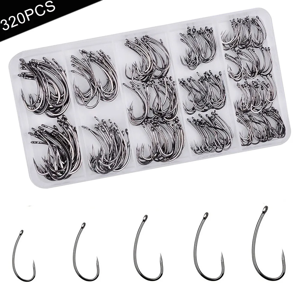 320Pcs Barbless Fishing Hooks Kit Small Size Carp Fishing Hooks Curve Shank Wide Gape Carp Hooks Fly Tying Hooks Circle Hooks