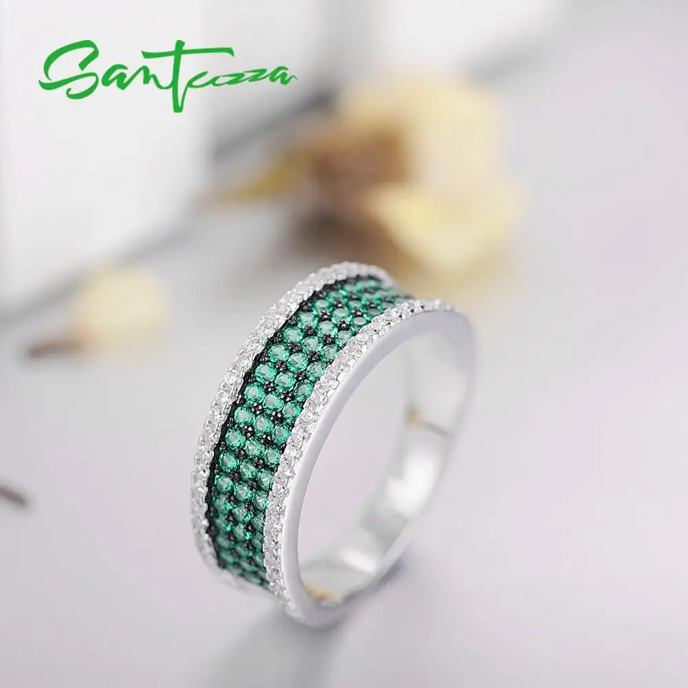 SANTUZZA Silver Ring For Women 925 Sterling Silver Fashion Round Rings Green White Cubic Zirconia Trendy Party Fashion Jewelry