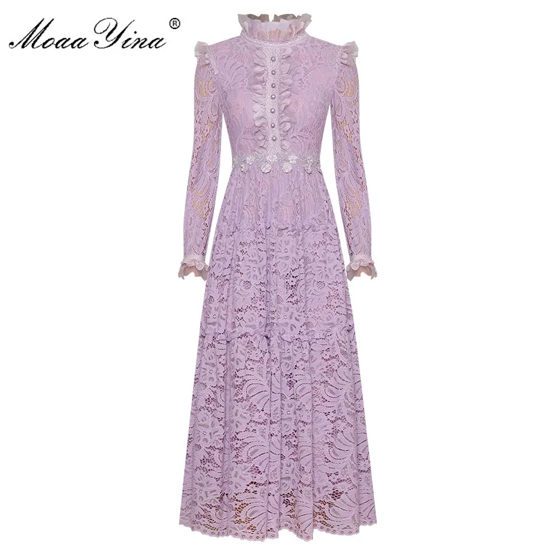 MoaaYina Fashion Designer dress Spring Autumn Women's Dress Stand collar Long sleeve Lace Applique Elegant Dresses