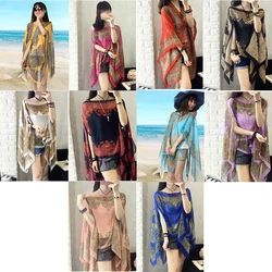 Sun protection clothing women's long thin coat long-sleeved chiffon shirt Women Shawl Poncho Printed Sunscreen Bikini Cover