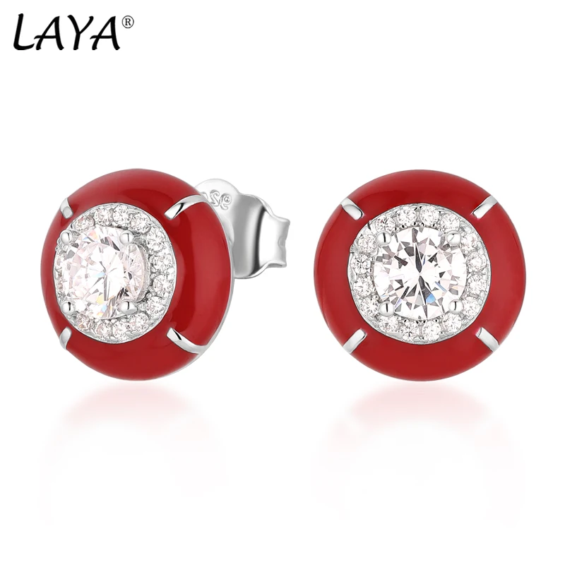 Laya Silver Earrings For Women Pure 925 Sterling Silver Retro Style High Quality Zircon Red Enamel Fine Jewelry Handmade Enamel