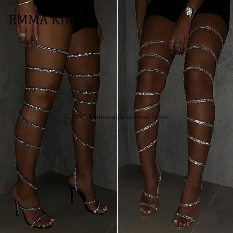 Sandali di cristallo da donna estivi sandali da gladiatore alti al ginocchio con strass alla caviglia scarpe eleganti da festa di nozze con tacchi a