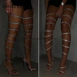 Sandali di cristallo da donna estivi sandali da gladiatore alti al ginocchio con strass alla caviglia scarpe eleganti da festa di nozze con tacchi a spillo Bling femminili