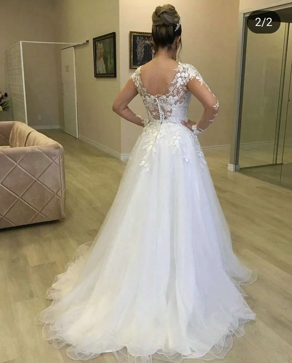 E jue shung elegante rendas vestidos de casamento manga longa colher pescoço aberto para trás com botão apliques vestidos de noiva robe de mariee