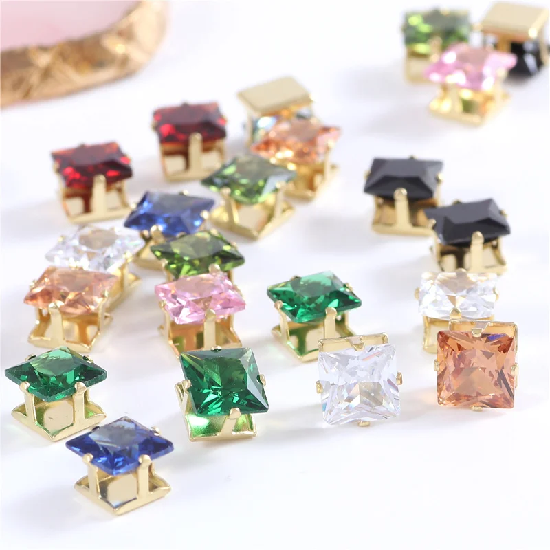 8mm Square Shape Glass Rhinestones With Gold Claw Sew On Zircon Crystal Stones Strass Sewing Decorations For Clothes Shoes Diy