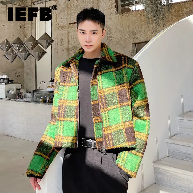 IEFB men's autumn winter Woolen Plaid short jacket vintage fashion Lapel zipped coat long sleeve colorblocked clothing