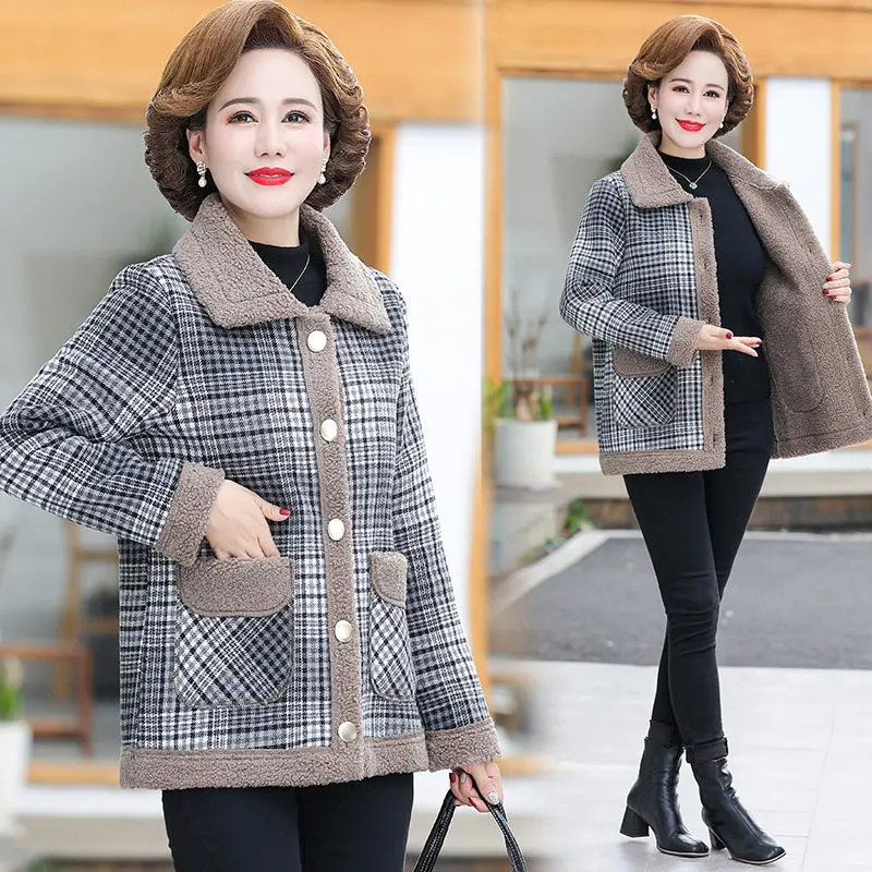 Mother Winter Jacket Cashmere Stitching Jacket Women's Autumn Plaid Woolen Coat For Middle-Aged Elderly Thick Polar Fleece Coat