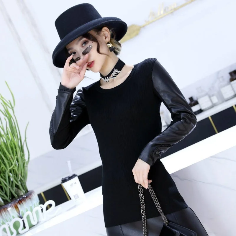 Style Korean New Sheepskin Long Sleeves Knitted Pullover Slim O-Neck Womens Short Fashion Genuine Leather Spliced Sweater