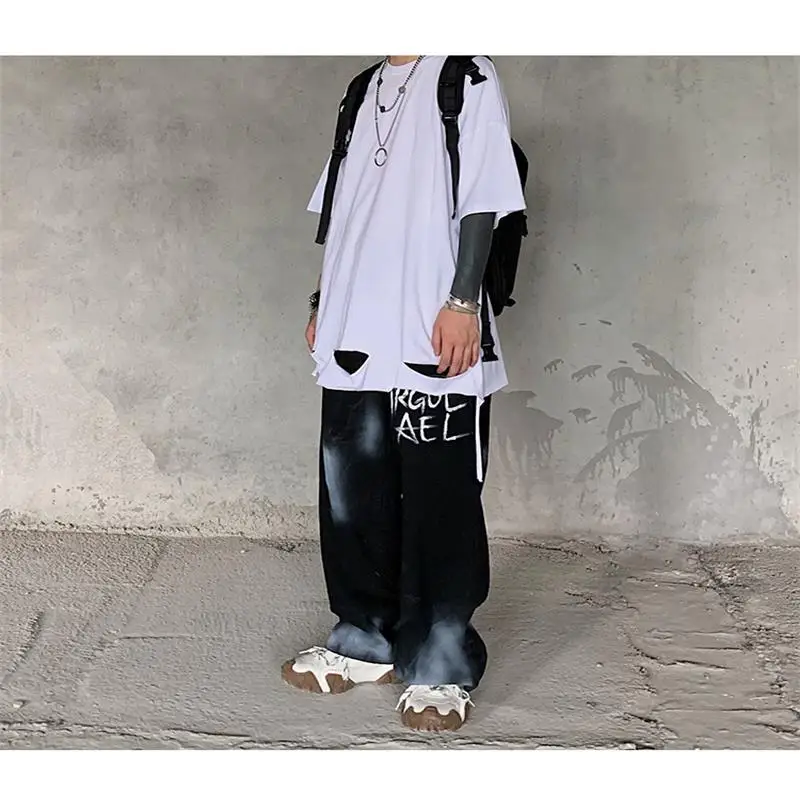 Men's new high street hole multi-color short sleeve city youth fashion male brand loose casual large size T-shirt