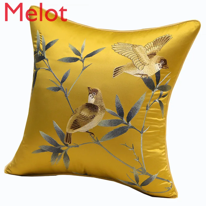 High-End Chinese Embroidery Flowers and Birds Cushion Pillow Soft Waist Support Printing Velvet Pillow Simple Decorative Cushion