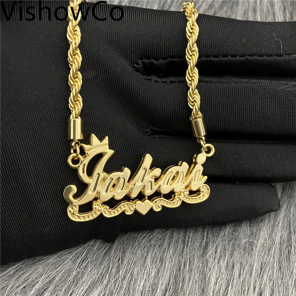 VishowCo Zircon Custom Name Necklace Double Gold plated Nameplate 3D Necklace Personalized Name Necklaces Gold Choker Women Gift