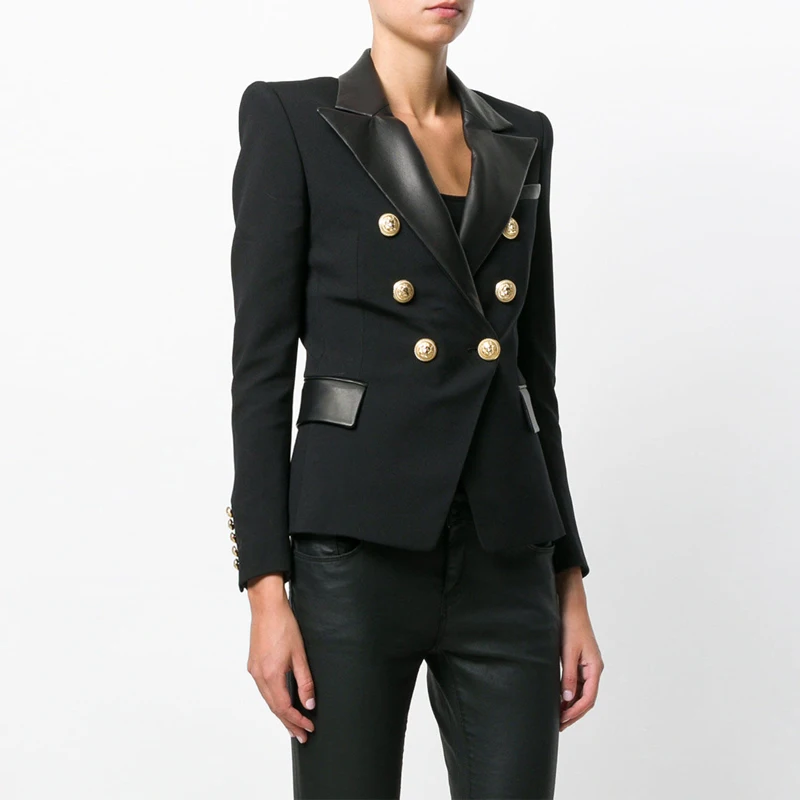 

S-3XL High Quality 2020 New Fashion Suit Collar PU Stitching Double Breasted Long-Sleeved Slim Three-Dimensional Woman Blazer