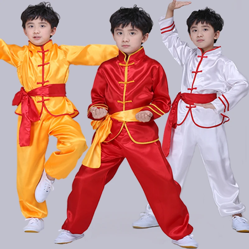 

Chinese Kids Kungfu Stage Performance 3Pcs Set China Tang Suit Short Full Sleeve Satin Outfit Practice Clothes Children Unisex