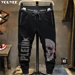 Casual Pants Skull Trendy Black Micro Elastic Cotton Male Diamond Trendy Hip-Hop Sweatpants Sports Goth Pants Men's Clothing