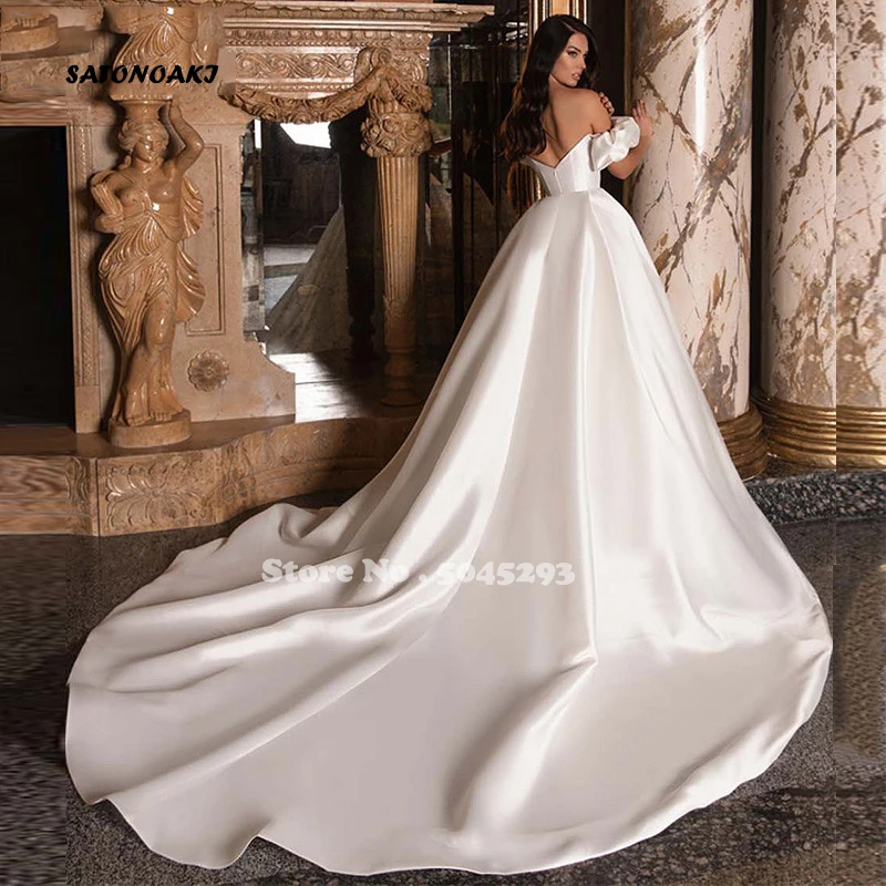 2024 elegante schulter freie Satin Brautkleider kurze geschwollene Ärmel A-Linie Prinzessin Brautkleid mit Zug Vestido de Novia