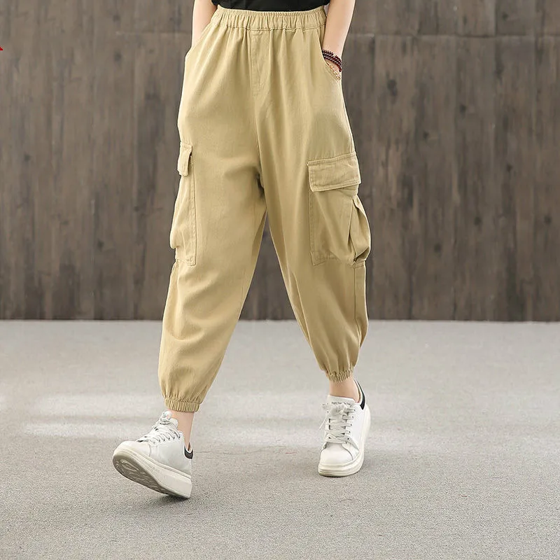 Autumn Women's Cargo Pants Large Pocket Pleated Elastic Waist Women Drape Ankle Banded Slacks Harem Pants Black Khaki Bloomers