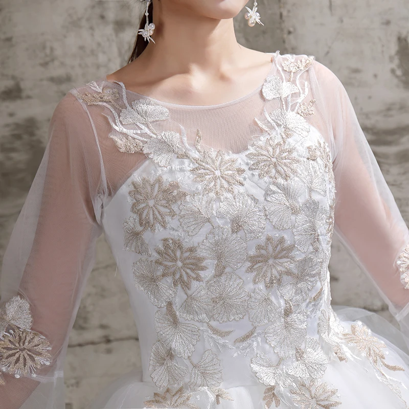 Robe de mariée en dentelle à manches longues, robe de bal brodée en dentelle sur filet, col rond, bon marché, vente en gros, chine, # XXN-115