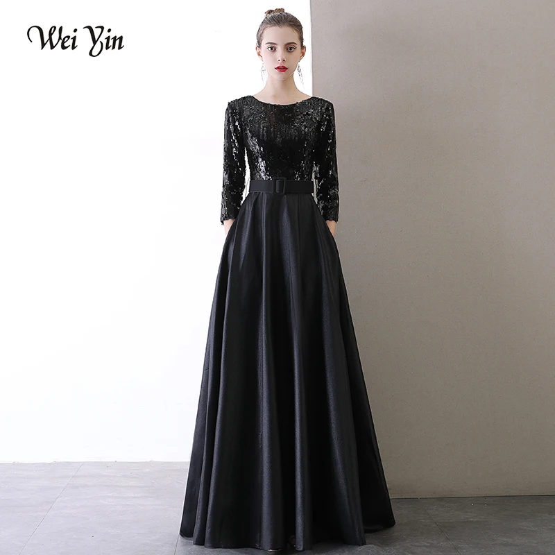 

AE0114 wei yin A Line Sequins Black Evening Dress Long Prom Party Dresses Evening Gown Formal Dress Women Elegant Robe De Soiree