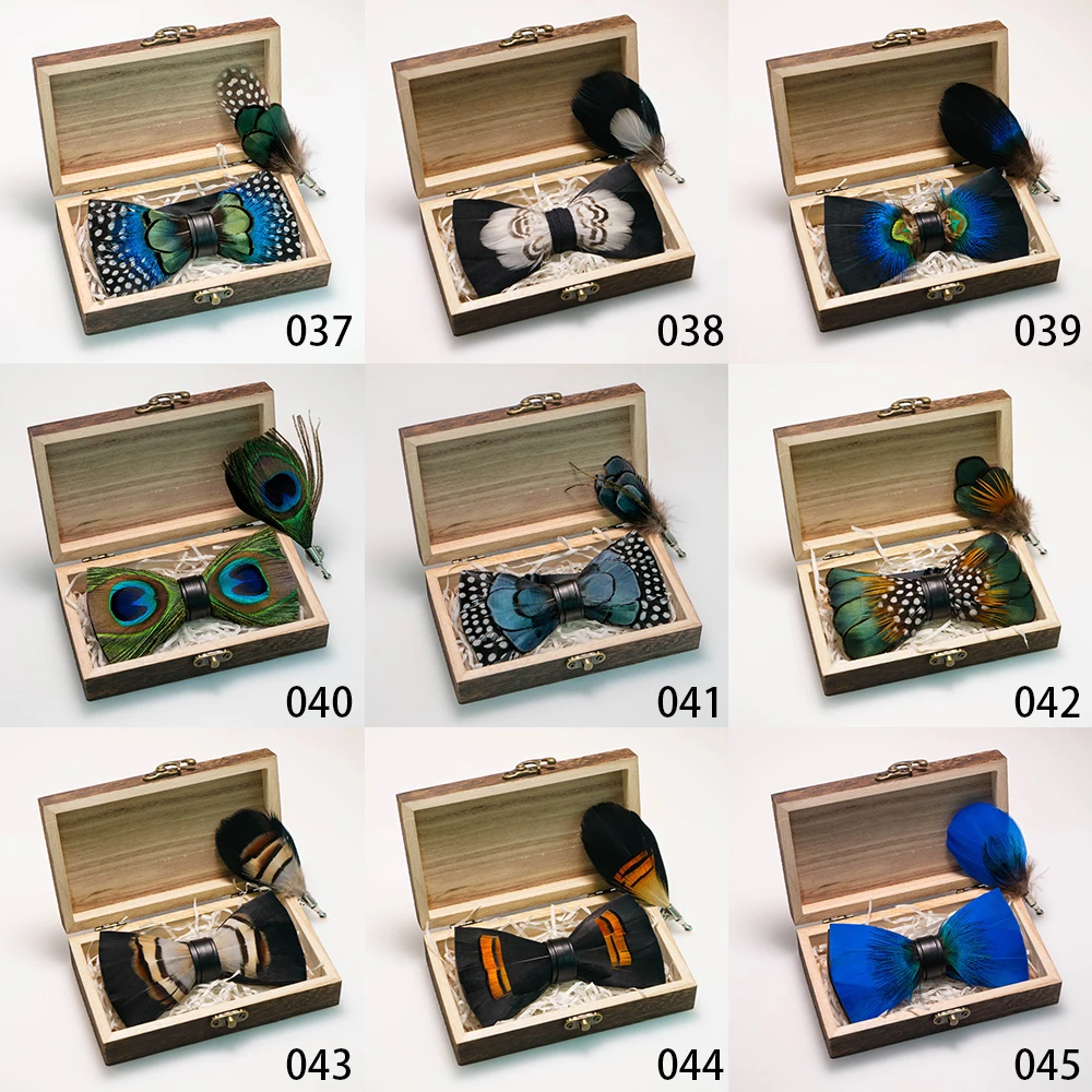 EASTEPIC Handmade Feather Bow Tie Brooch Wooden Box Set Men's Exquisite Accessories for Wedding Party Birthday Gift Necktie
