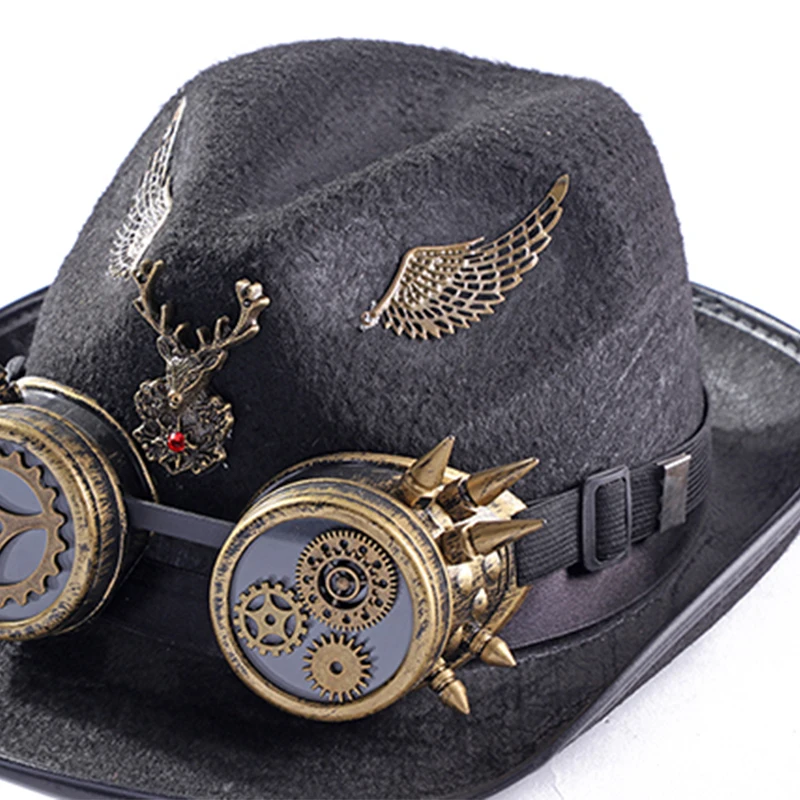 Steampunk Hat Vintage Detachable Goggles Rivet Wings Gothic Cowboy Hat Men Polyester Fishing Top Hats ​Halloween Party