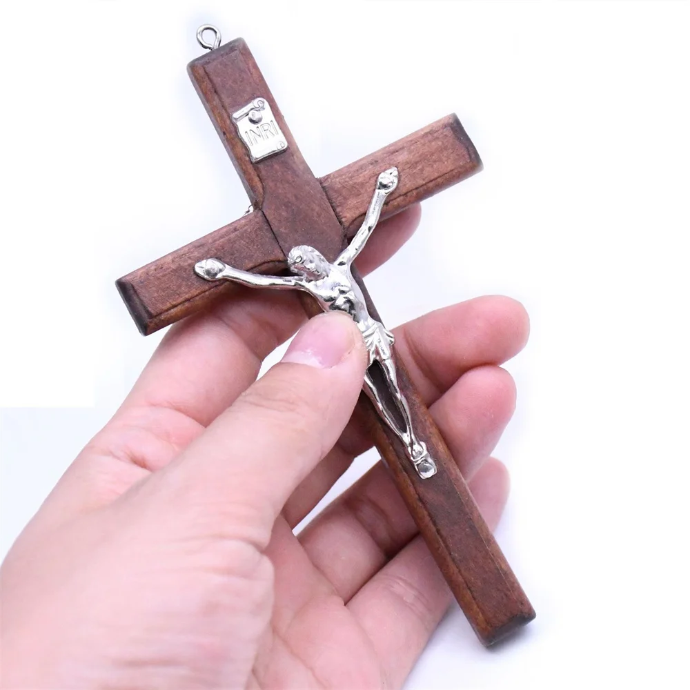 1PC Soild Wooden Cross Zinc Alloy Jesus Catholic Cross Church Ornaments Wall Mounted Wooden Crosses Necklace pendant