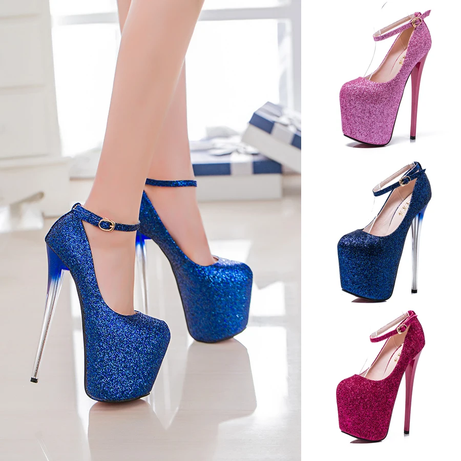 

Super High Glittering Ankle Strap Platform Heels Big Size 35-50 Men's Heels Stiletto Drag Queen Trans Queer Party Shiny Shoes