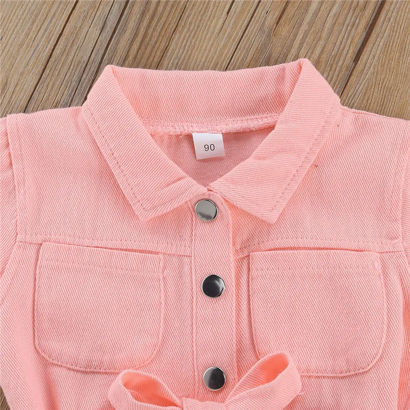 Pink Denim Jumpsuit for Girl Toddler Kids Work Clothes Toddler Standing Collar Pocket Short Sleeve Romper for Children