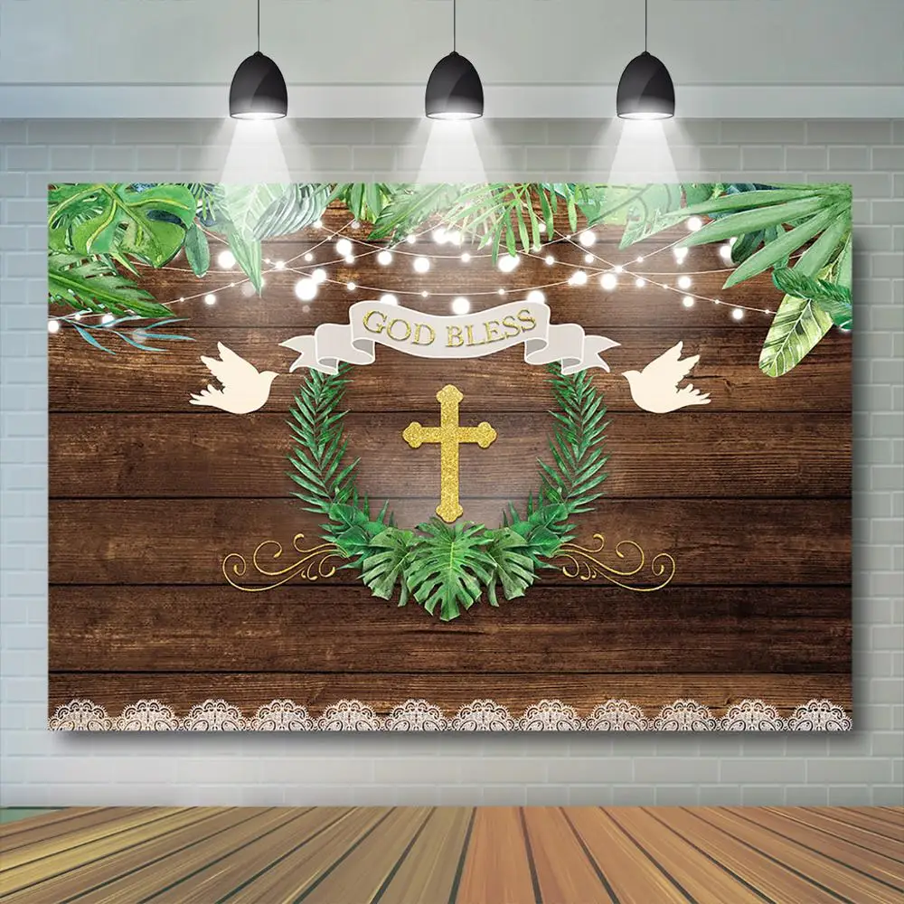 Baptism Backdrop Rustic Wood Holy Communion Party Backdrop God Bless Mason Jars Christening Baby Shower Party Decoration Banner