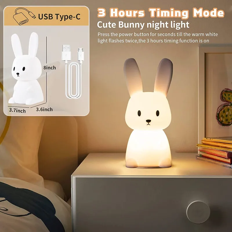 Luz de noche para habitación de niños, lámpara de conejo de silicona con USB, bonito regalo para guardería, decoración de habitación Kawaii, niñas y