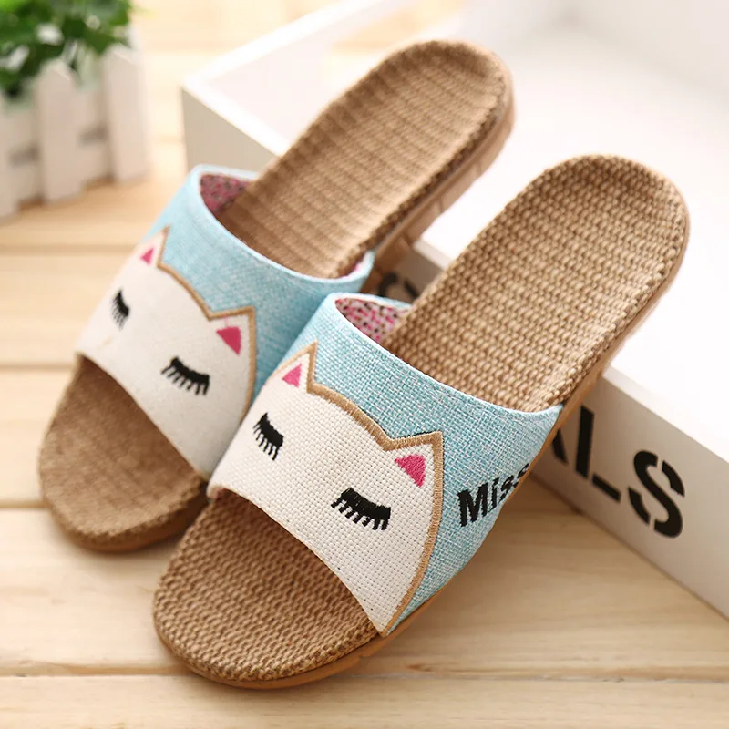 Slippers Women Fashion Bohemia Cartoon Cat Flax Linen Flip Flops Beach Shoes Sandals Casual Woman Non-slip Flats Female Slippers