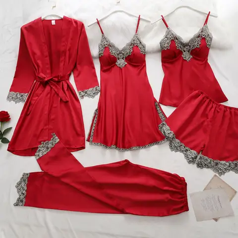 Silk Lace Satin Sleepwear Set V-Neck Nighties QIANTANG