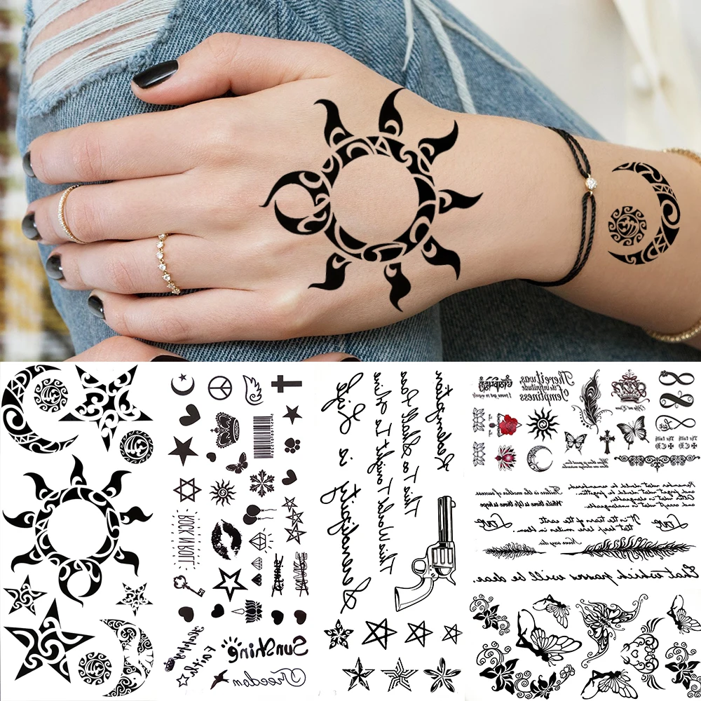 Tatouages temporaires Tribal lune étoile soleil noir pour enfants femmes hommes inspiré tatouage autocollant papillon faux petit visage Tatoos doigt
