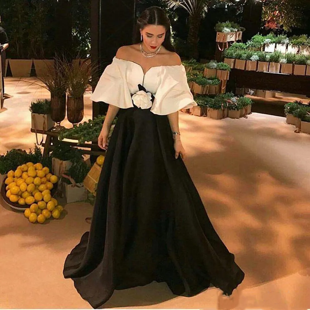 

Sexy short sleeve Evening Dresses arabic black and white Prom Dresses Satin flowers DuBai A line Formal Evening Gowns Robe De So