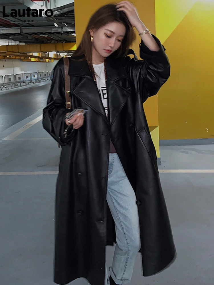 Lautaro Autumn Long Oversized Black Faux Leather Trench Coat for Women Belt Double Breasted Loose Stylish Korean Fashion 2023