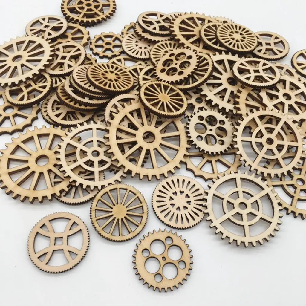 100 Pieces Mixed Size Hollow Gear Unfinished Wood Pieces Wood Embellishments Home Decoration Embellishments Scrapbooking Supply