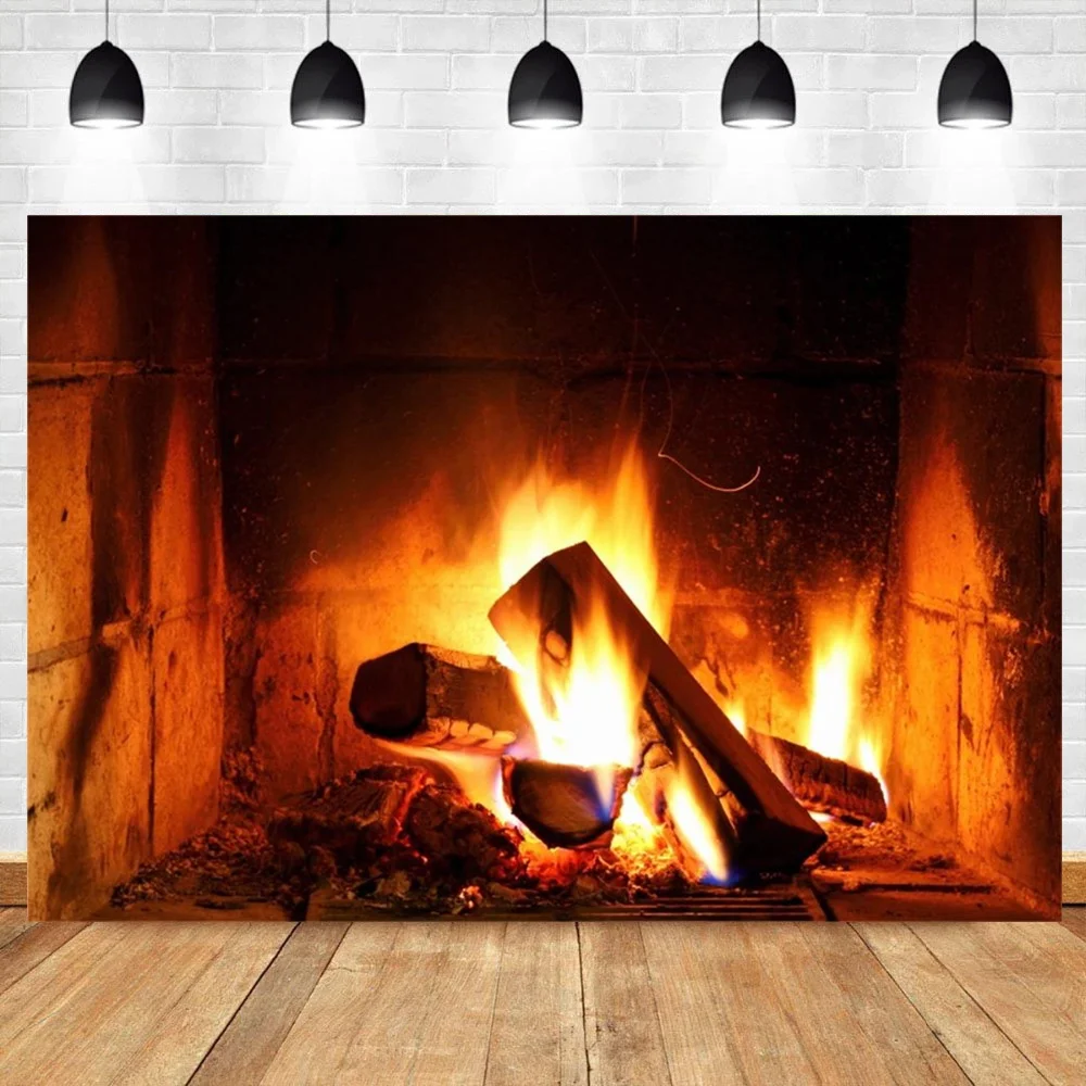 Photo Background Winter Fireplace Christmas Wood Fire Flame Brick Christmas Party Decor Baby Photographic Backdrop Photo Studio