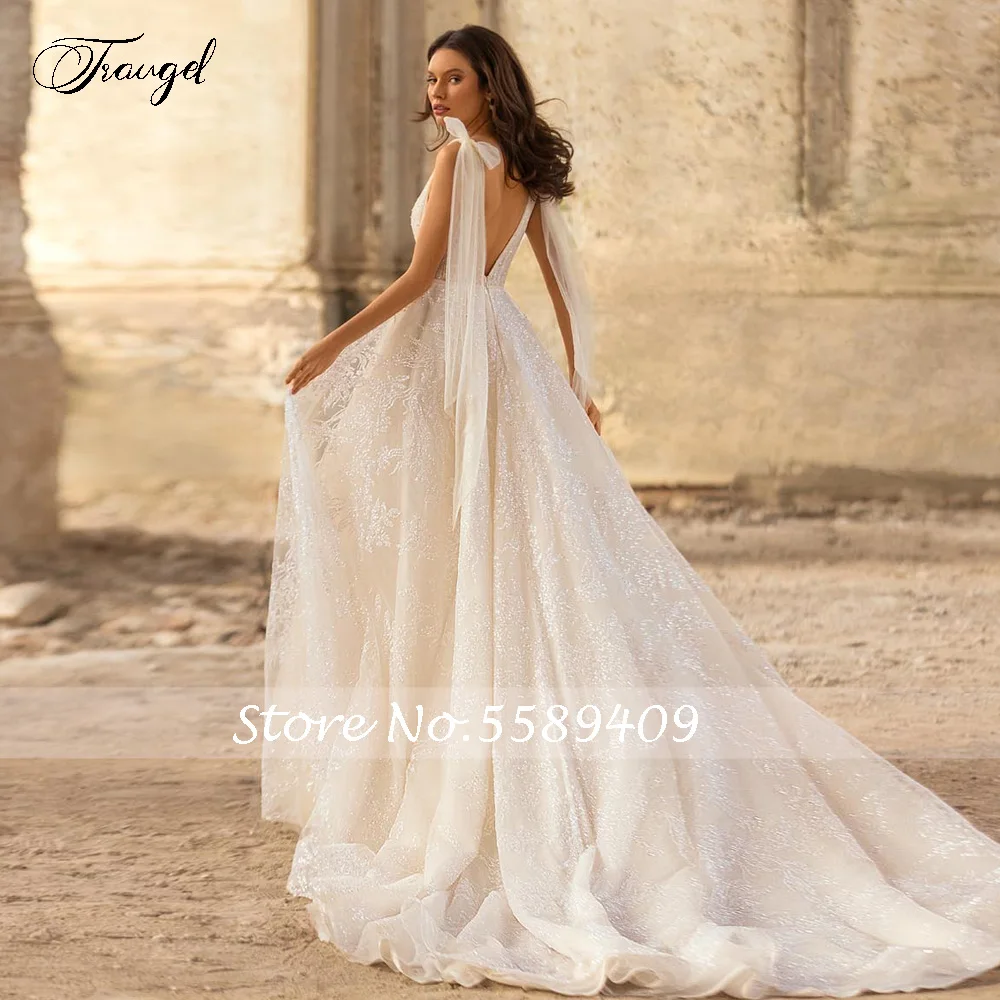 Traugel A-Line Beach Wedding Dresses V-Neck Bow Sleeveless Ribbon Vestido De Novia Shiny Lace Beaded Boho Robe De Mariee