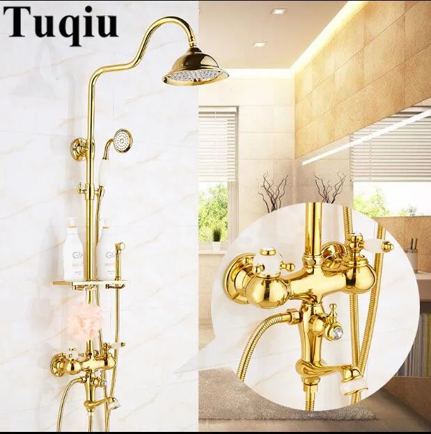 

Vidric Europe style luxury bath and shower faucet brass and jade gold finished wall mounted shower faucet set with rainfall show